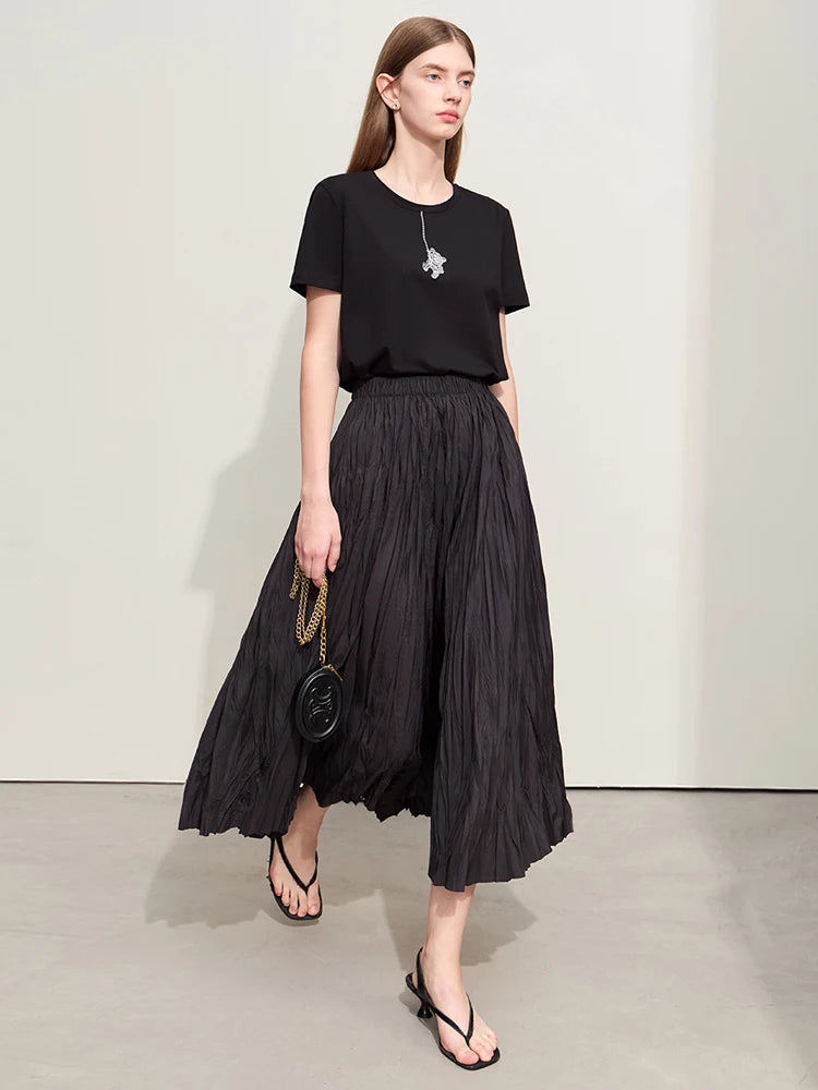Minimalism Pleated A-Line Skirts Women 2024 Summer New Baiscs Rubber Band Waist Irregular Loose Large Hem Skirt 12442081