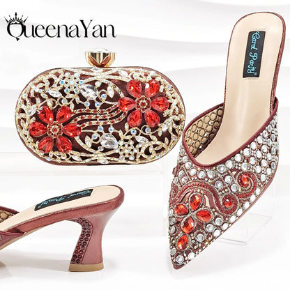 Nigerian Design Comfortable Women's Shoes with Diamond Oval Bag Women's High Heels for Party or Work