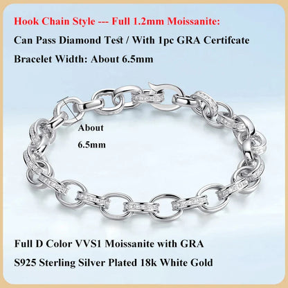 Full Moissanite Diamond Hook Link Chain Bracelet 1.2mm D Color For Woman Man S925 GRA Certified Couple Bracelets Bangle