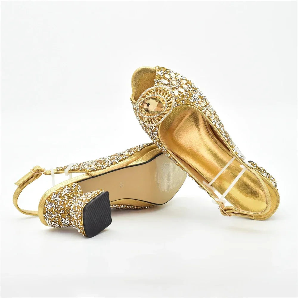Popularity Peep Toe Heels for Women 2025 Elegant Party Full Diamond Pumps Italian Shoes and Bags Matching Set Bridal Shoes