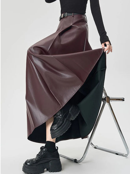 Vintage PU leather women midi skirts Y2K Autumn high waist Streetwear with belt pleated Skirt female elegant Solid A line skirts