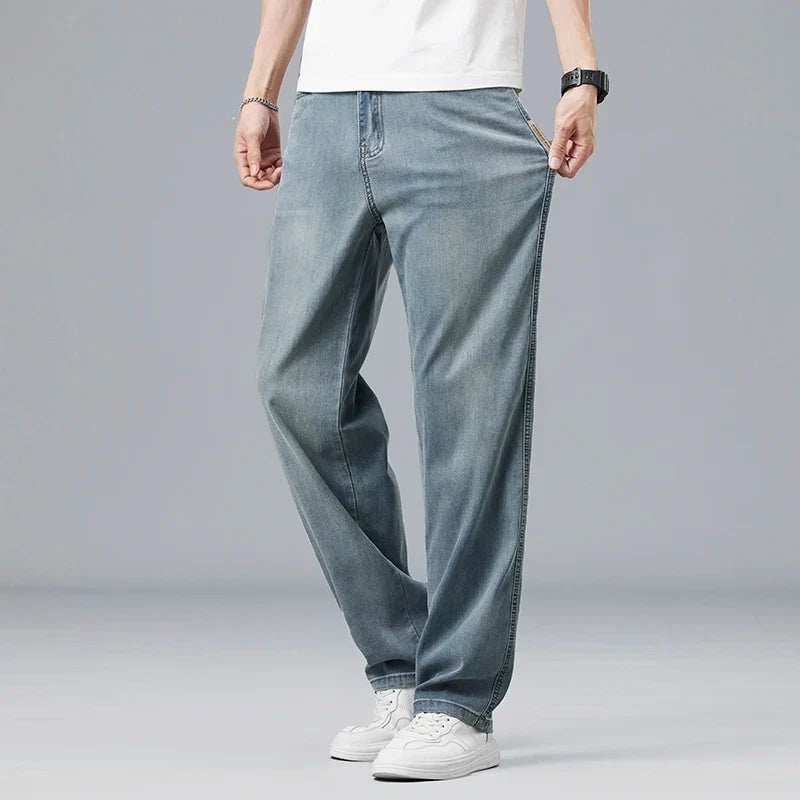 Summer Ultra-thin Lyocell Men's Jeans Drape Soft Fabric Loose Straight Casual Denim Pants Elastic Ice Silk Male Trousers