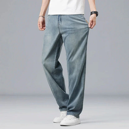 Summer Ultra-thin Lyocell Men's Jeans Drape Soft Fabric Loose Straight Casual Denim Pants Elastic Ice Silk Male Trousers