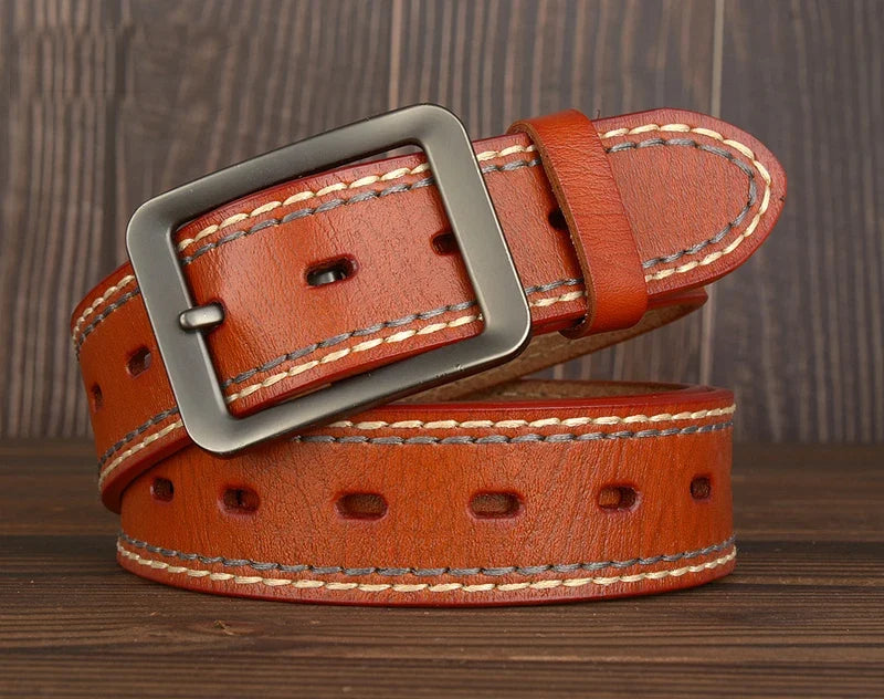 3.8CM Fashion Men Belts Genuine Leather Luxury Designer Vintage Thread Waist Belt For Jeans Cinturon Cowboy Hombre Dropshipping