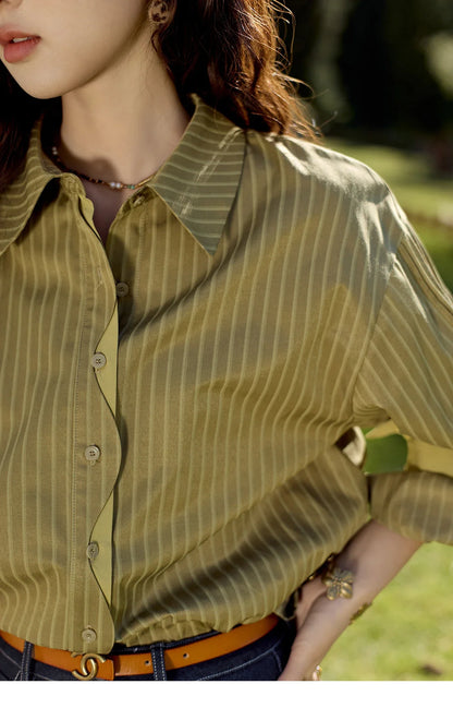 Striped Casual Shirt for Women 2024 Autumn Retro Lapel Long Sleeve Top Contrasting Cuffs Shirts Office Lady MXD42C0301