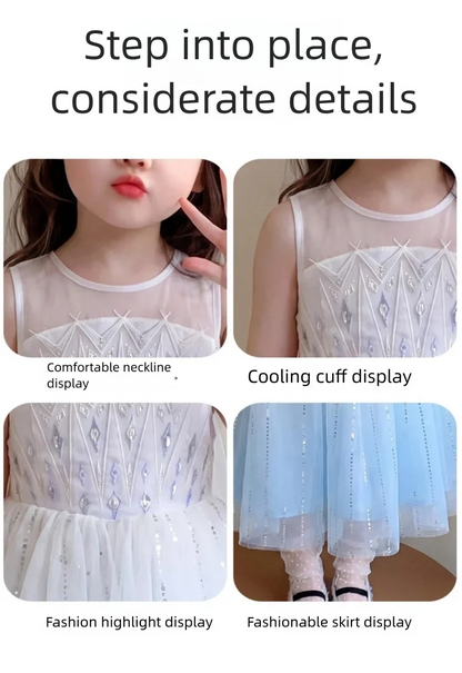 Elsa Princess Dress w/ Cape 2026 New Summer Frozen Cosplay Dresses for Little Girls Birthday Party Sleeveless Mesh Evening Dress
