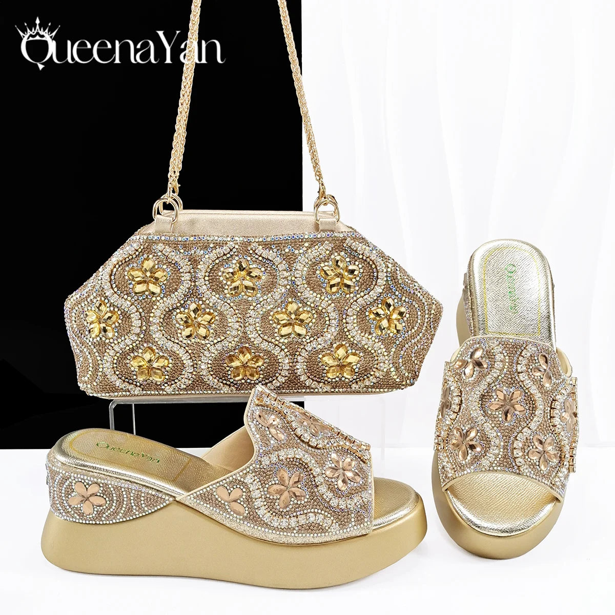 New Arrival Mature Style Platform Design Rhinestone Decoration Peep Toe Lady Shoes and Bag Set for Party Wedding