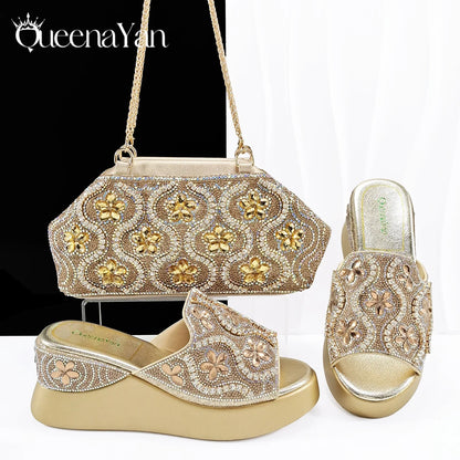 New Arrival Mature Style Platform Design Rhinestone Decoration Peep Toe Lady Shoes and Bag Set for Party Wedding