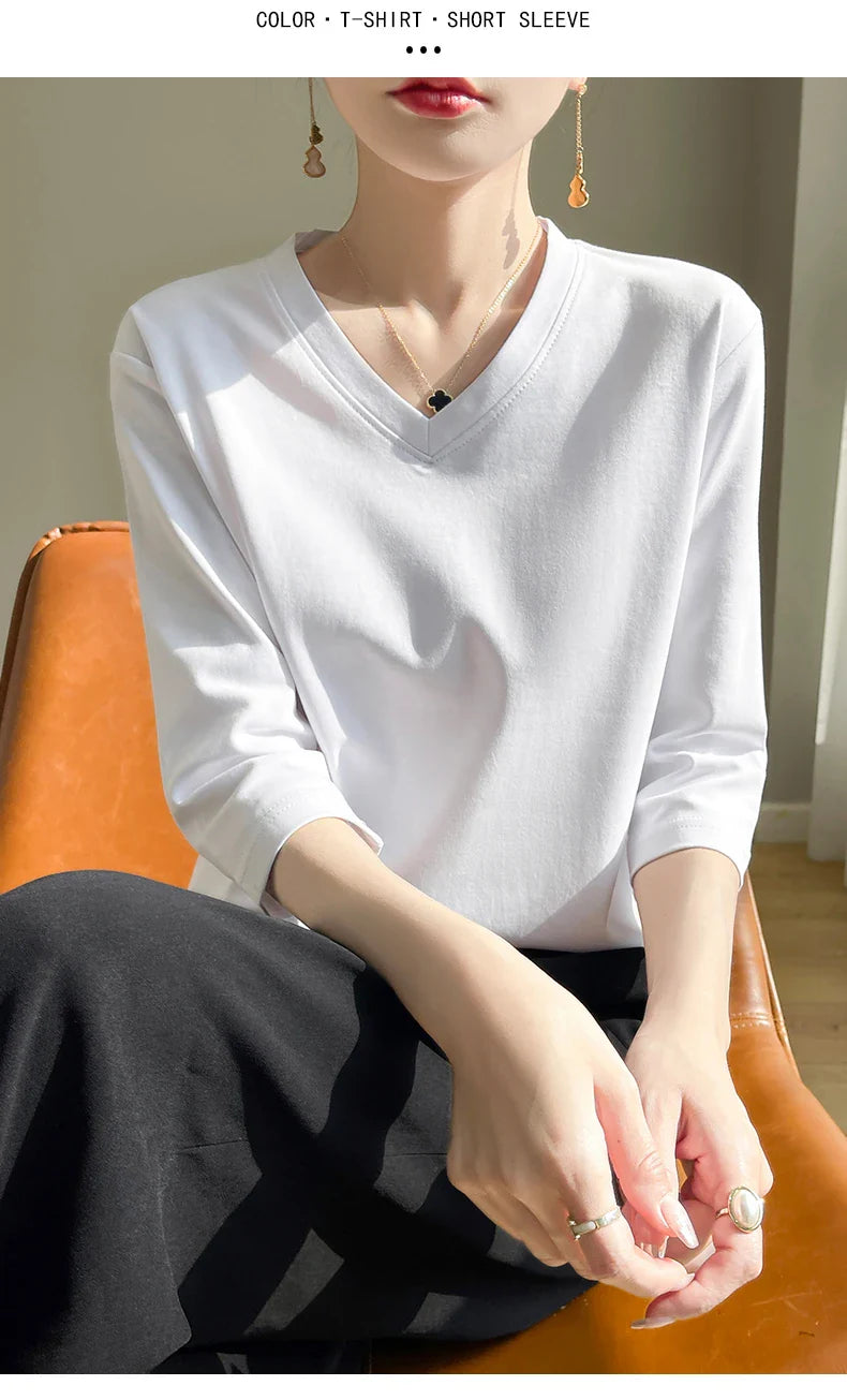 Spring And Summer New Cotton V-neck T-shirt Short-Sleeved Women's Half-Sleeve Bottoming Shirt High-End Cropped Sleeve Top