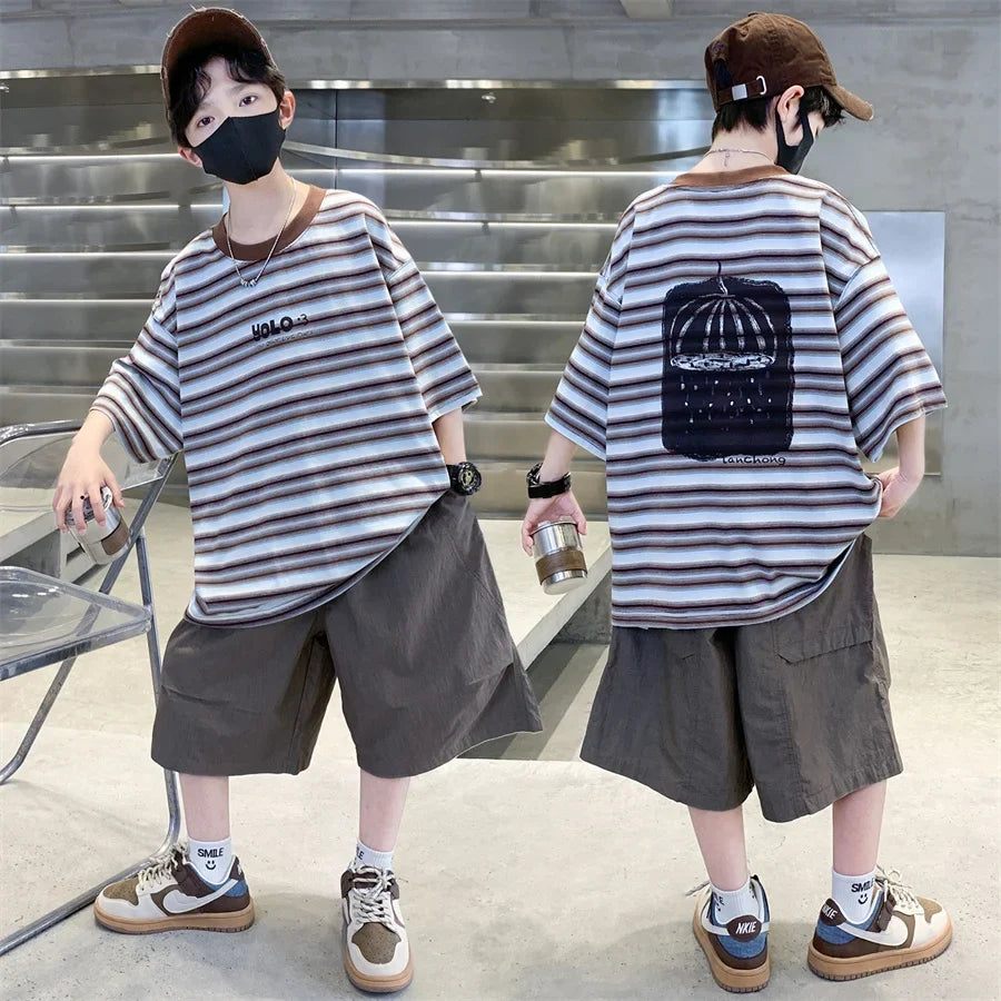 2026 Children Summer Clothes Set for Teen Boy Cotton Striped T-Shirt Shorts Two Pieces Outfit Suit Kids Clothing 5 7 9 11 13 14Y