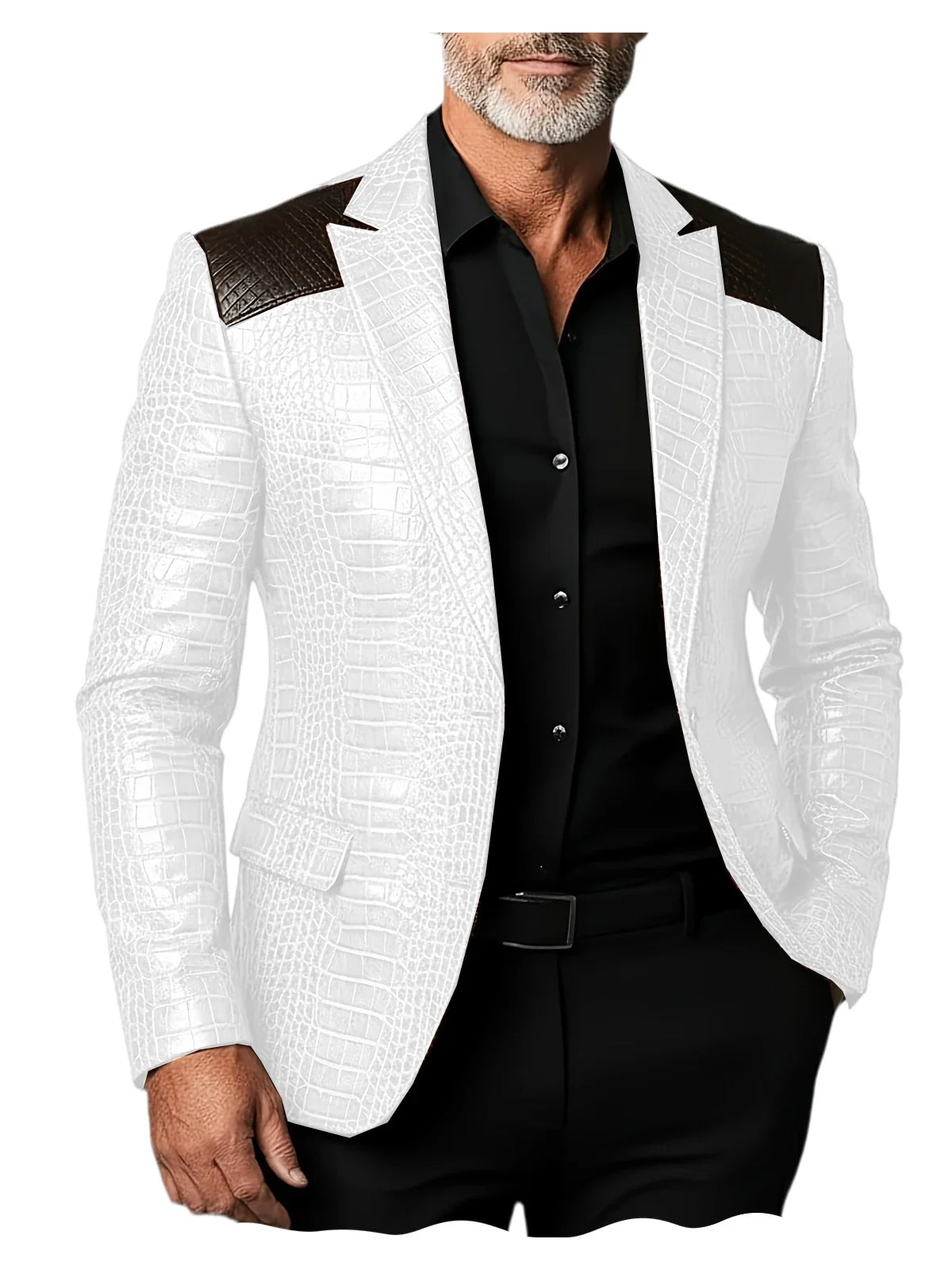 Men's Crocodile Pattern Leather Blazer Patchwork PU Leather Suit Jacket Notched Lapel Slim Fit Business Casual Coat Outerwear