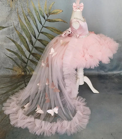 Customized Flower Girl Dresses Puffy Girl Dress Pink Baby Dress With Train Bow Cute Kid's Child Birthday Dresses Frist Communion