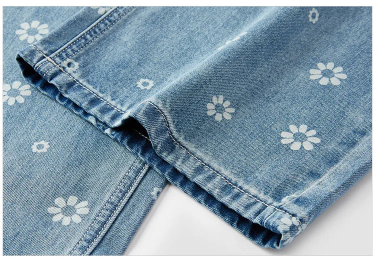 All Over Print Denim Pants Women Sweet Niche 2025 Summer New Cotton Wide Leg Trousers