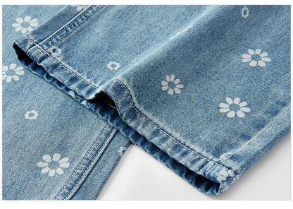All Over Print Denim Pants Women Sweet Niche 2025 Summer New Cotton Wide Leg Trousers