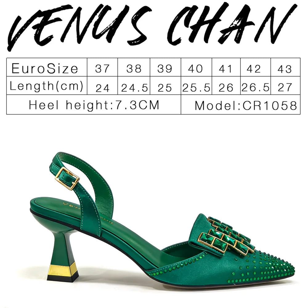 Elegant Green Rhinestone Slingback Heels & Matching Handbag Set by Venus Chan 2026 – Stylish Pointed Toe Design for Women