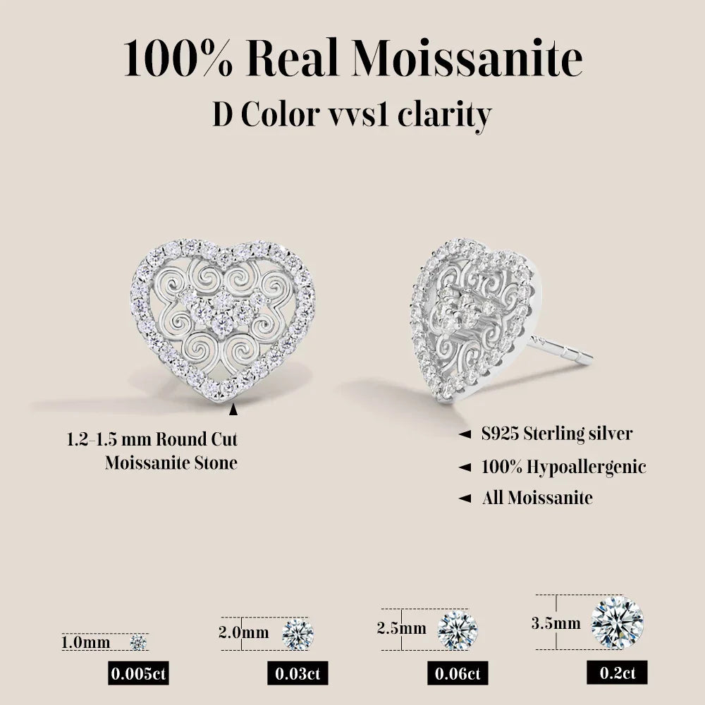 Luxury Heart Shape All Moissanite Earrings for Women D VVS1 Color s925 Sterling Silver Fine Jewelry Mother's Day Gifts