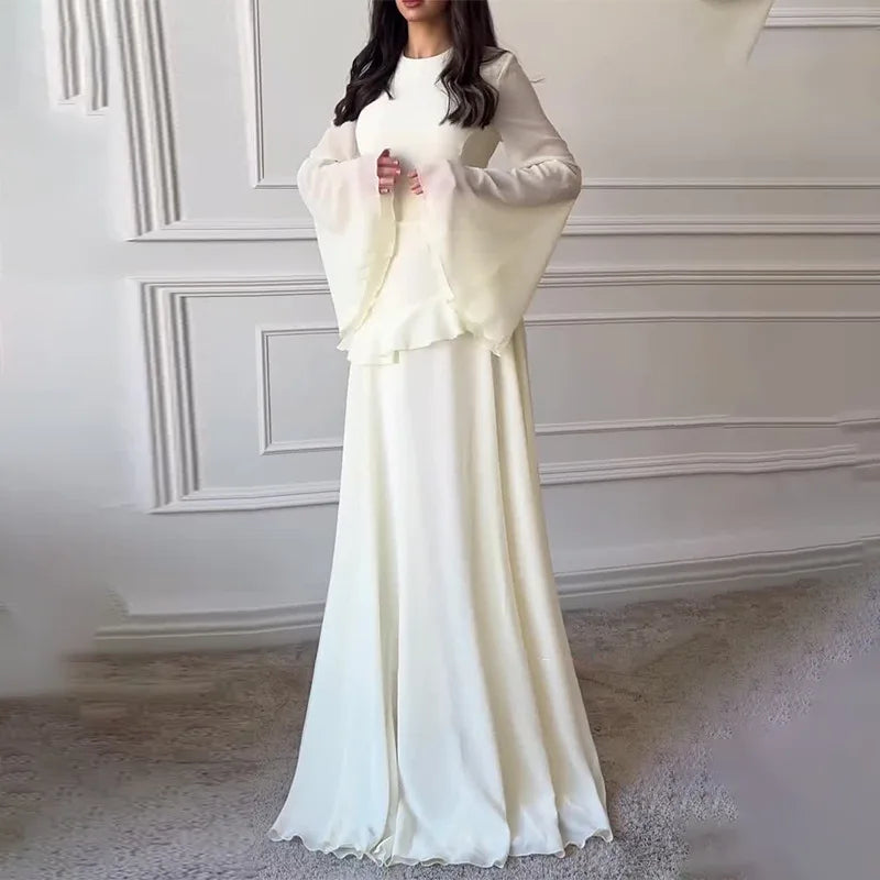 Women Chiffon Solid Ruffled Dress Flare Sleeve Round Neck 2025 New Elegant Maxi Gown Evening Party Fashion Holiday Lady