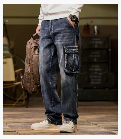 Autumn and winter new styles Men's outdoor multi-pocket cargo jeans Straight loose casual stretch fashion jeans for men
