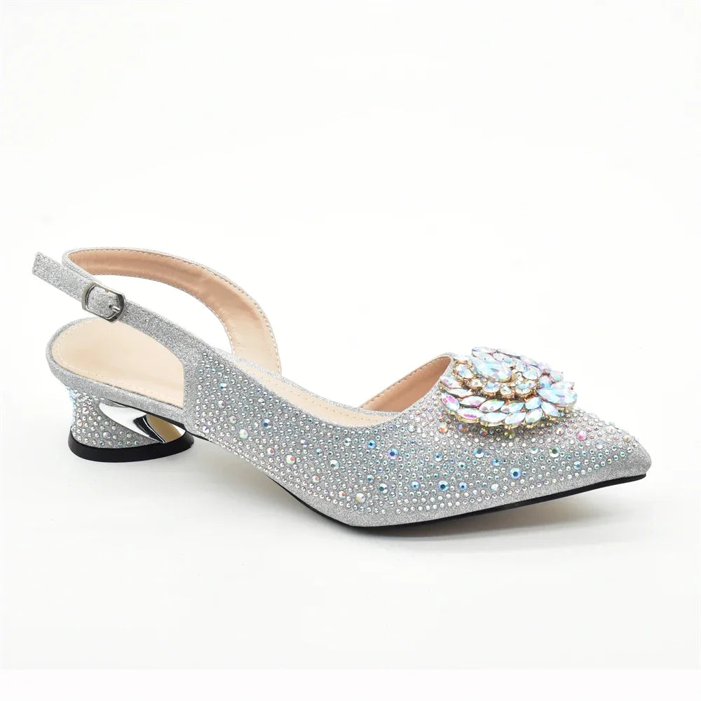 Luxury Designer Silver Italian Matching Shoes and Bag Set Decorated with Rhinestone Shoe and Bag Set for Party in Women Nigerian