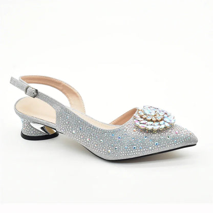 Luxury Designer Silver Italian Matching Shoes and Bag Set Decorated with Rhinestone Shoe and Bag Set for Party in Women Nigerian