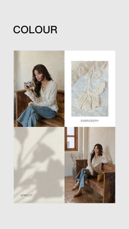 Apricot Lace Jacquard Embroidered Shirt 2025 Autumn Black Fungus Edge Lace-up Vintage Commuter Top Office Lady MXE41X1927