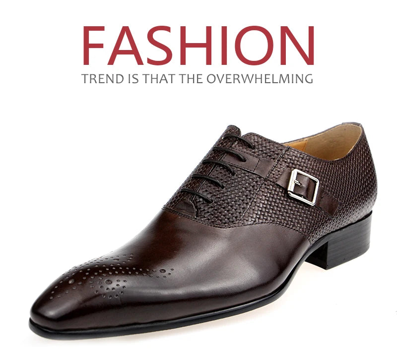 Mens Formal Genuine Leather Shoes Fashion Zapato Social Male Wedding Dress Loafer Weave Printing Lace-up Daily Brogue Shoes