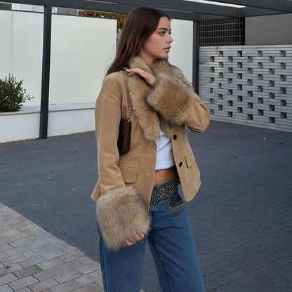Faux Fur Suede Blazers for Women Faux Leather Women's Tailoring Blazers Winter Luxury Woman Blazer Fitted Coats and Jacket