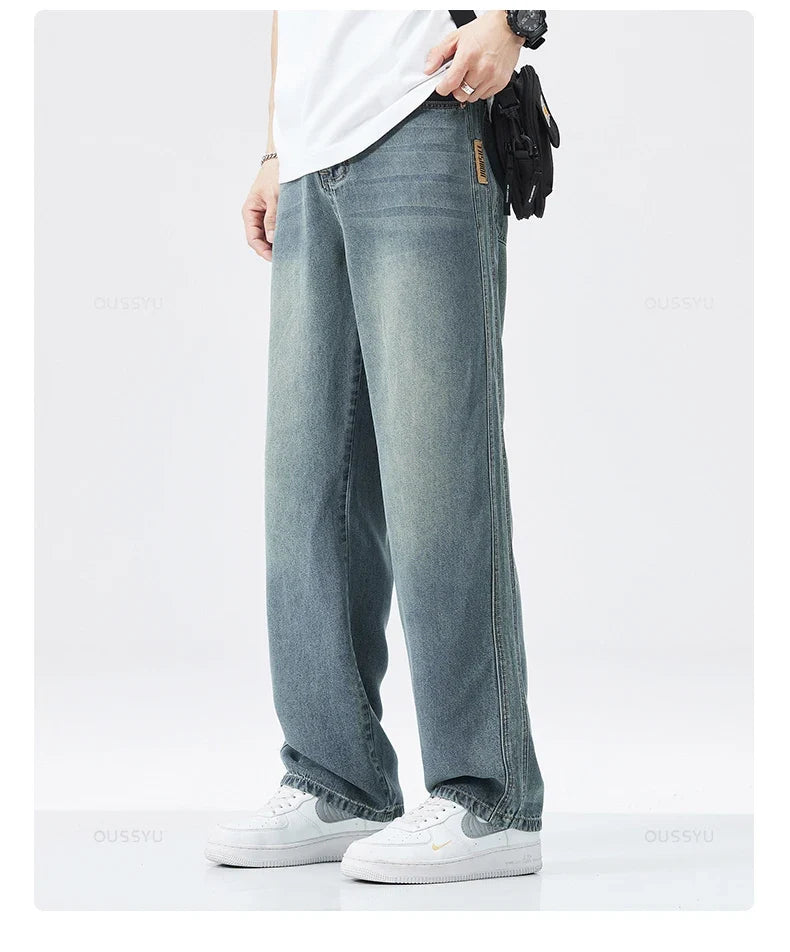 Spring Autumn High Quality Soft Lyocell Fabric Jeans Men Loose Wide Leg Pants Elastic Waist Casual Trousers Plus Size 28-40