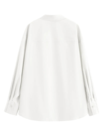 Women's French Loose Fit Cotton Shirt Long Sleeve Layering Top with Web Strap Detail Casual Oversized Blouse