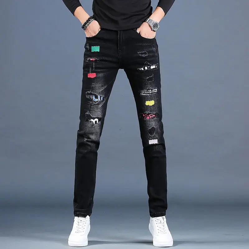 Harajuku Fashion Men's High-end Embroidered Jeans Korean Style Prints Patches Slim Fit Casual Spring Autumn Cowboy Trousers