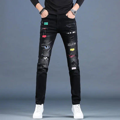 Harajuku Fashion Men's High-end Embroidered Jeans Korean Style Prints Patches Slim Fit Casual Spring Autumn Cowboy Trousers