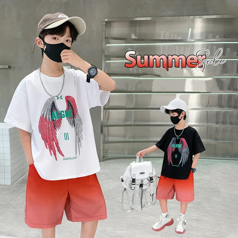 New Kids Boy Summer Clothing Set Cotton T-shirt With Wings Print + Shorts 2 Pieces Tracksuit Outfit for Child Suit Wear 5-14 T