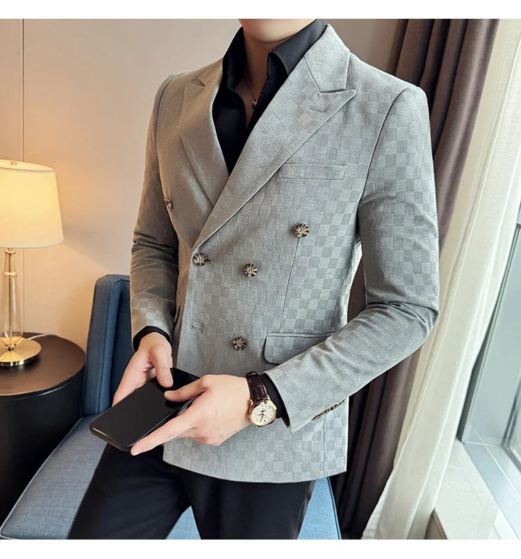 6 Color Luxury Double Breasted Blazers Coats 2024 New Fashion Checkered Business Slim Fit Social   Formal Suit Jacket 5XL-M