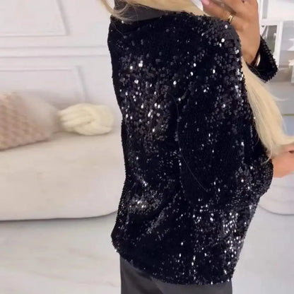 Sequin Suit Coat Solid Color Coat Elegant Glitter Sequin Women's Suit Coat with Lapel Long Sleeve Button Jacket for Autumn