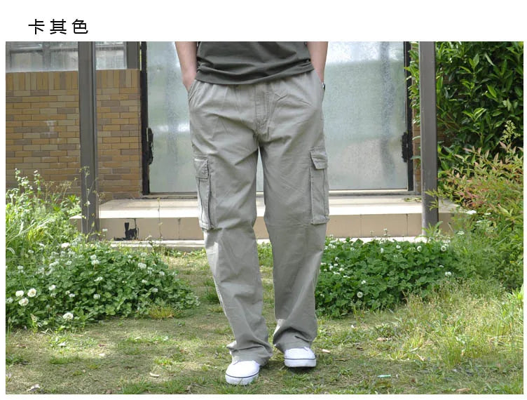 Spring Men cargo cotton pants pocket large size big 8XL 10XL 9XL 140KG loose out door casual safari style pants black 46 48 50