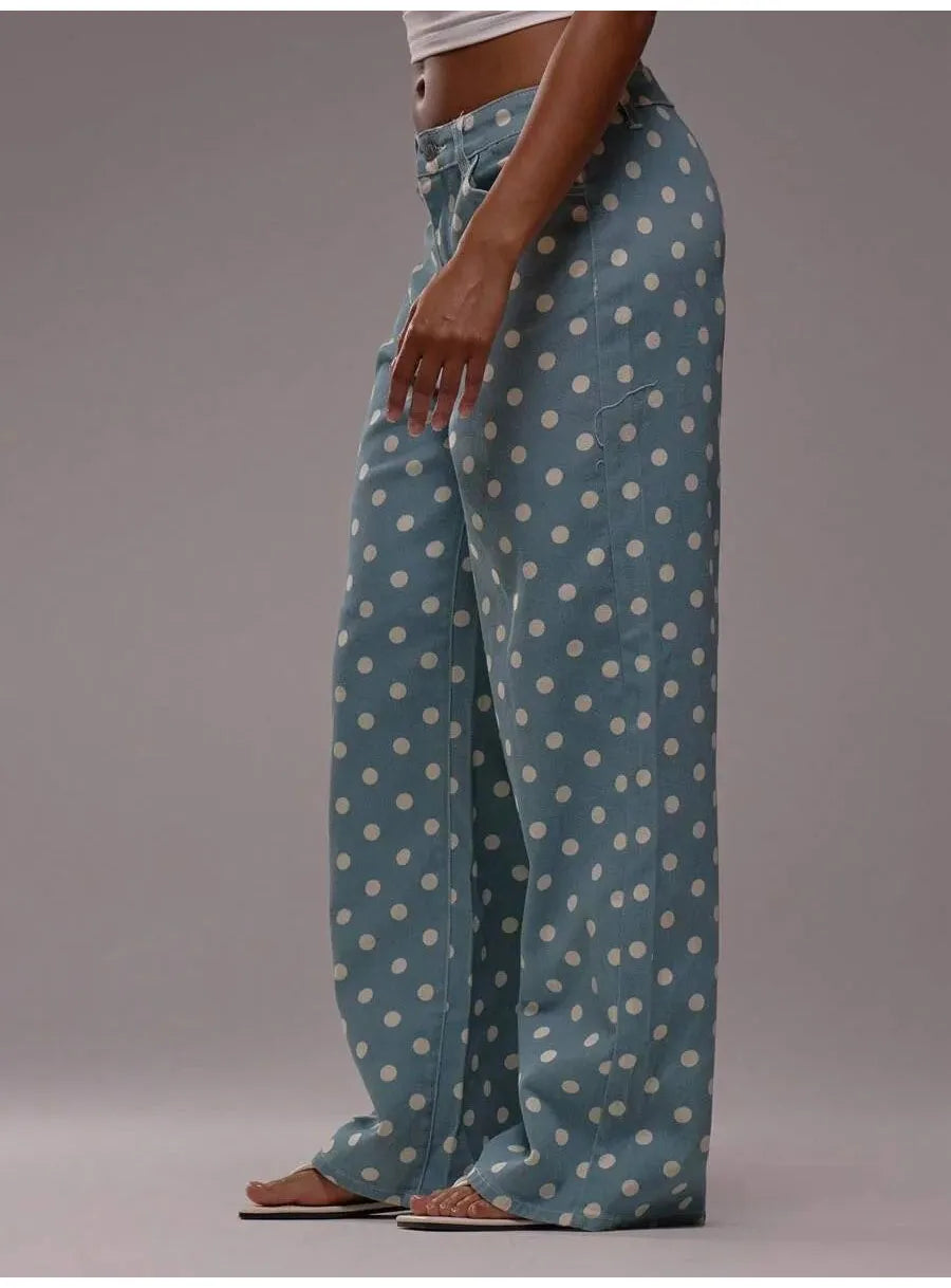 Spring Autumn High Wasit Jeans Pants Women 2026 Fashion Vintage Polka Dot Print Wide Legging Denim Trousers Bottoms Casual