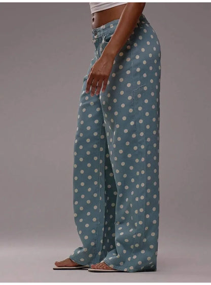 Spring Autumn High Wasit Jeans Pants Women 2026 Fashion Vintage Polka Dot Print Wide Legging Denim Trousers Bottoms Casual