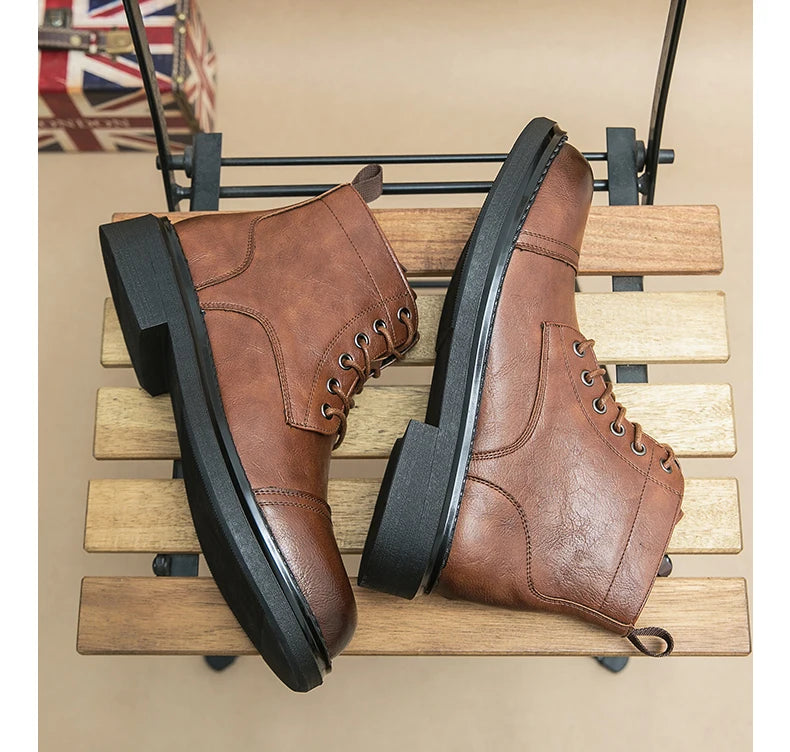 Men Black Leather Boots Casual Lace Up Leather Shoes Size 39-46
