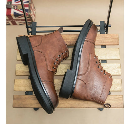 Men Black Leather Boots Casual Lace Up Leather Shoes Size 39-46
