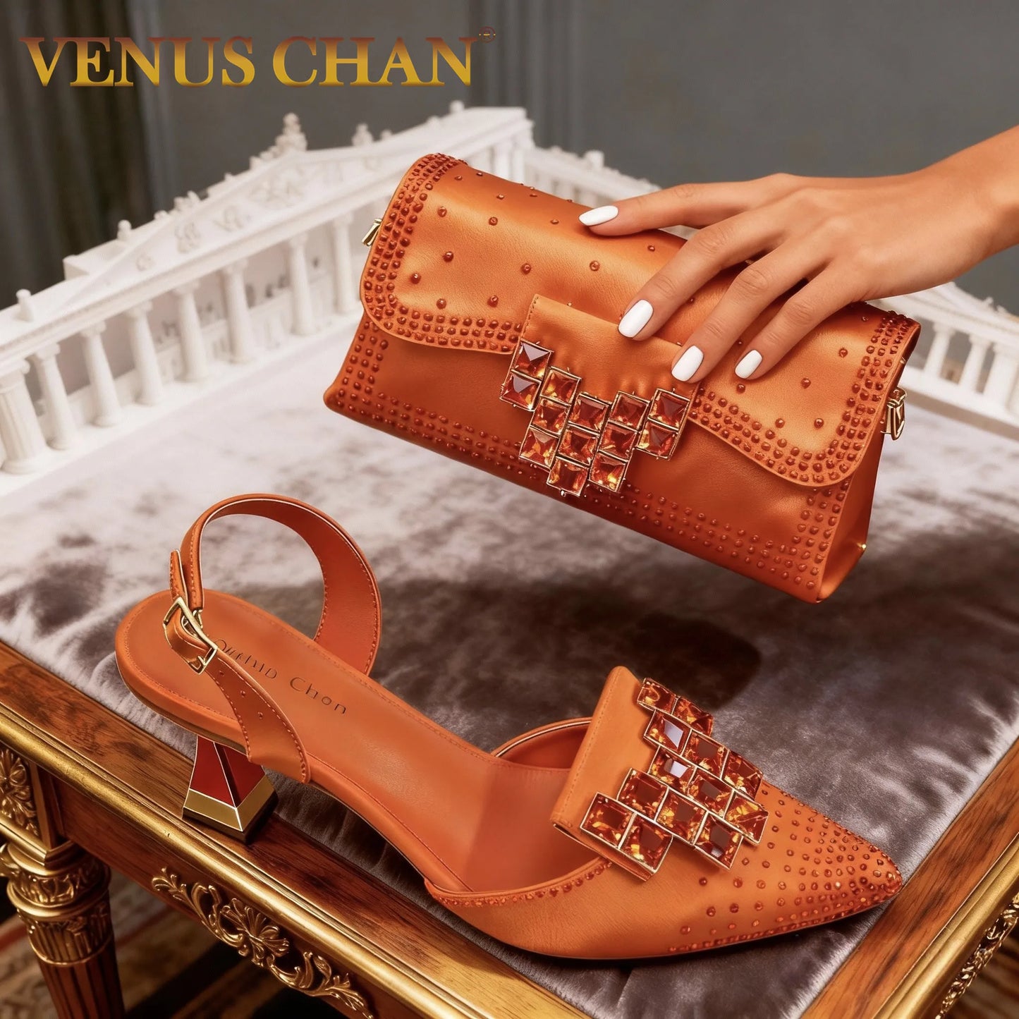 Orange Rhinestone High Heel Shoes & Matching Bag Fashionable Pointed-Toe Footwear for Women - Perfect for Parties and Commuting