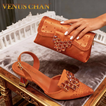 Stylish Orange Rhinestone High Heel Shoes & Matching Handbag - Elegant Pointed-Toe Footwear for Women, Ideal for Parties