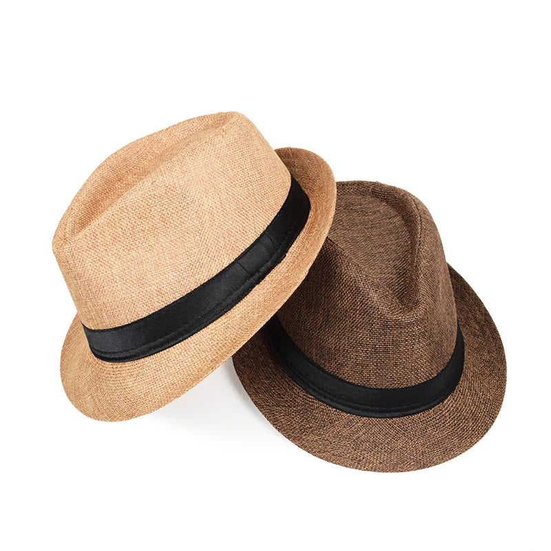 Jazz Hat British Style Linen Solid Color Hat for Men and Women Rolled Brim Couple Style Sun Hat Paper Straw Hat