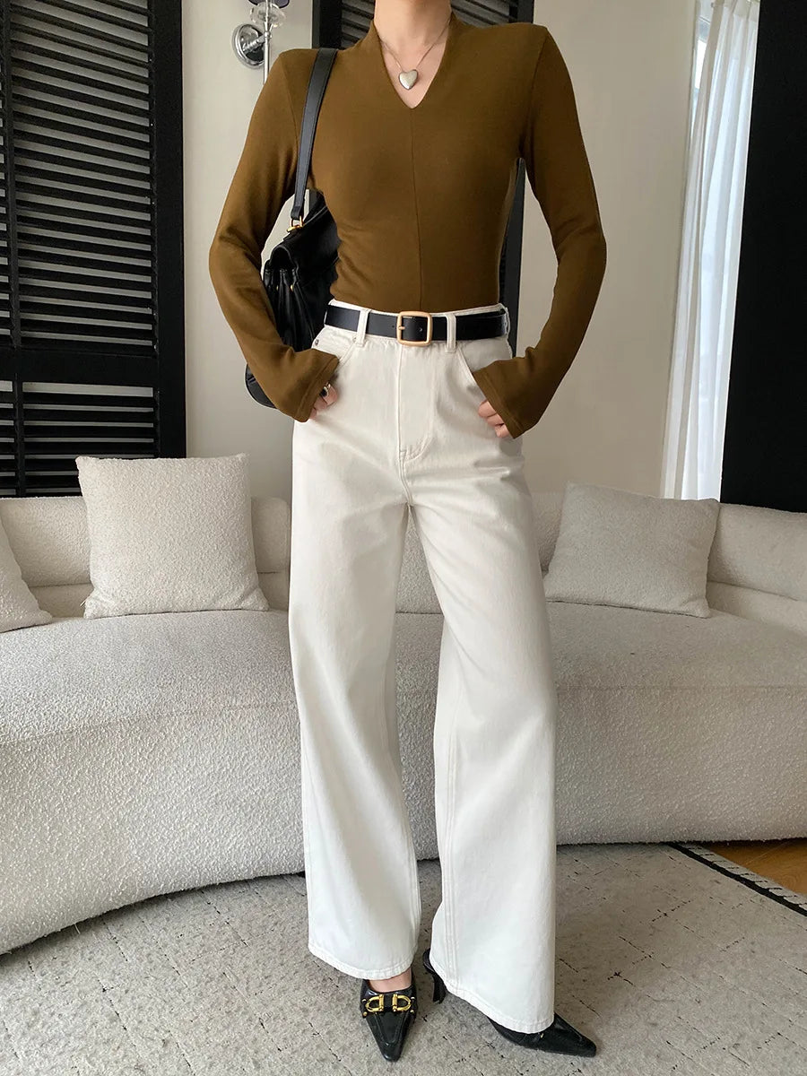 Spring women's fashionable and simple commuting temperament, high waist wide leg straight leg slimming jeans