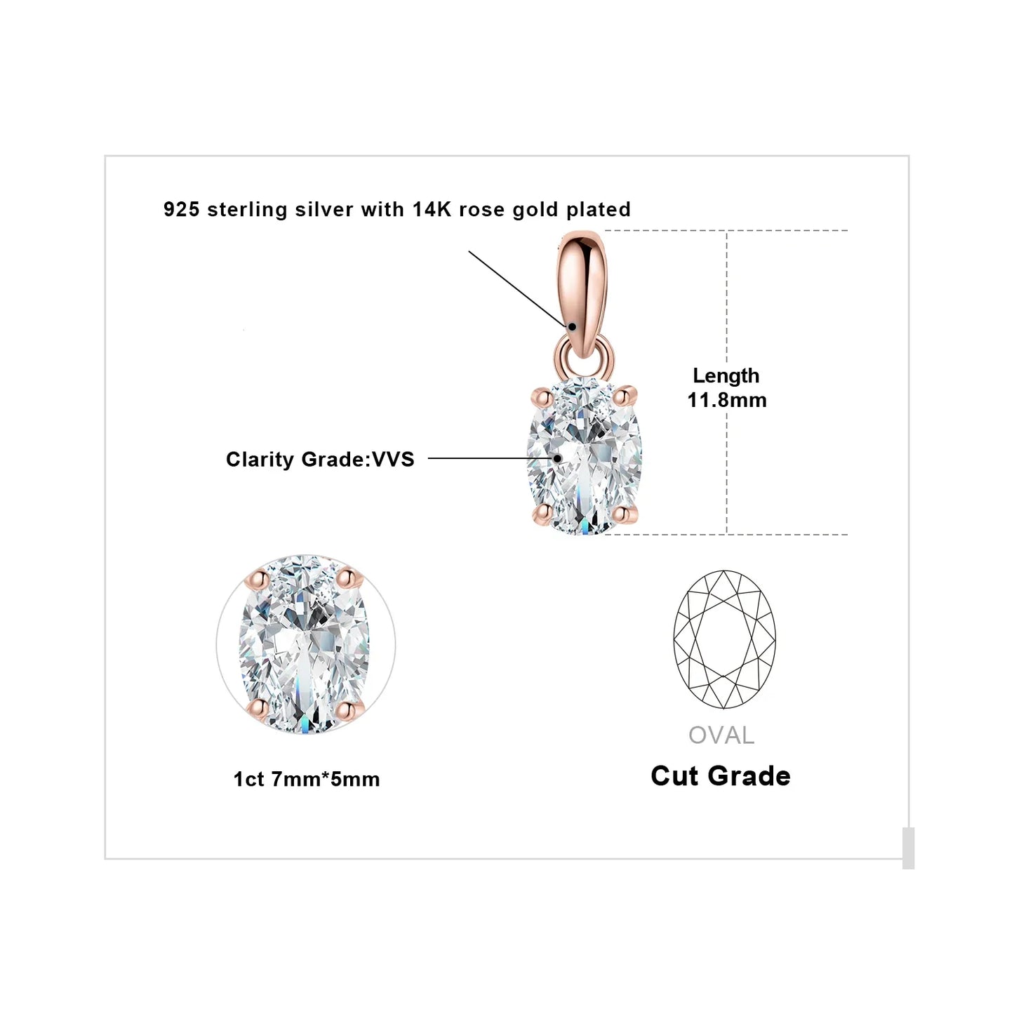 Moissanite D Color 1ct 2ct Oval S925 Sterling Silver Pendant Necklace for Woman No Chain Yellow Rose Gold Plated