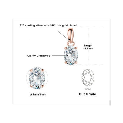 Moissanite D Color 1ct 2ct Oval S925 Sterling Silver Pendant Necklace for Woman No Chain Yellow Rose Gold Plated