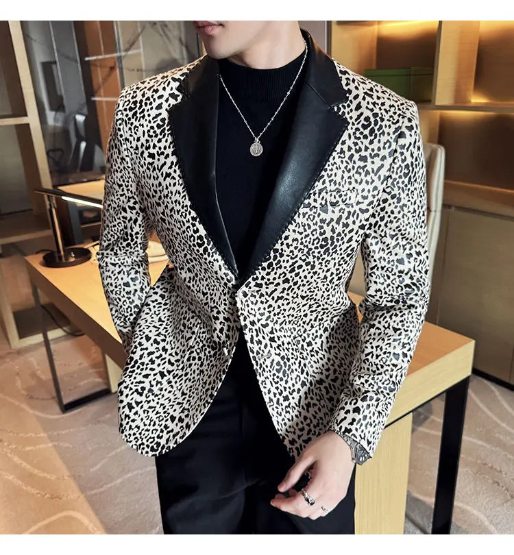 Splicing Leather Neck Casual Suit Jacket Fashion Leopard Men's Business Slim Fit Social Formal Blazers Wedding Groom Tuxedos