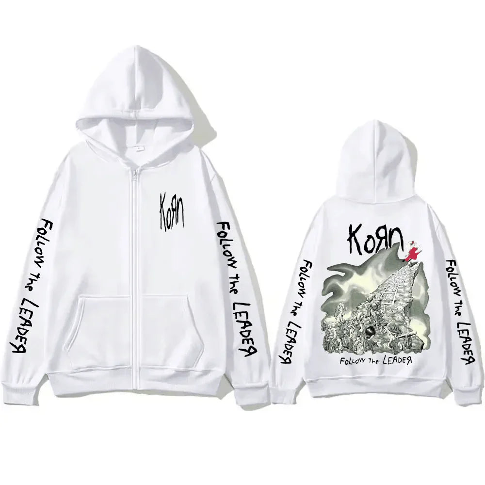 Rock Band Korn Follow The Leader Tour 2014 Zipper Hoodie Men Women Retro Gothic Metal Zip Up Jacket Casual Oversized Sweatshirts