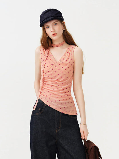 Women's 2026 Summer New Polka Dot V-Neck Waist Tie Camisole Top | Elegant Sleeveless Blouse for Beach Vacation Outfits Tops