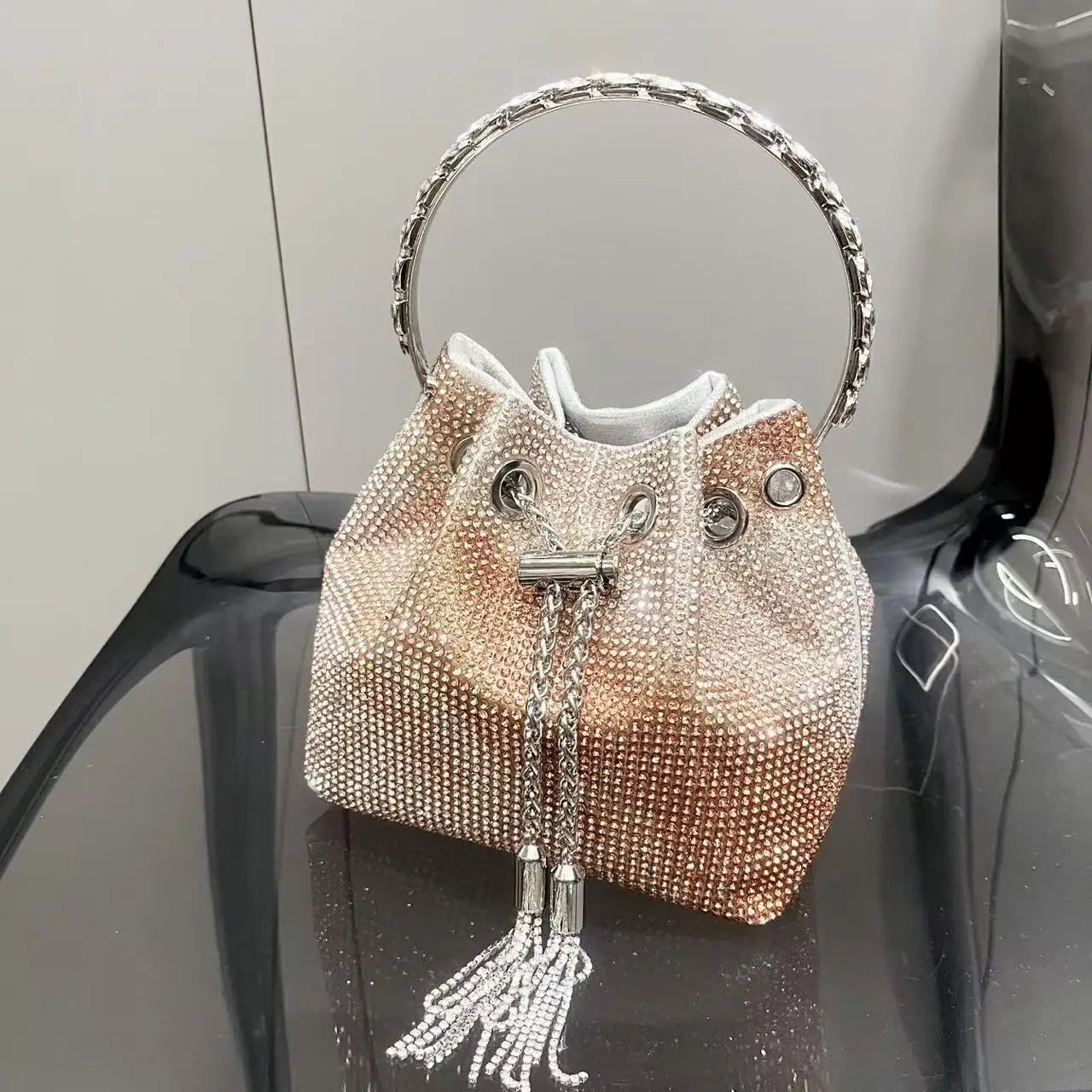 Rhinestones Diamond Evening Clutch Bag Luxury Designer Metal Ring Women's Handbag Wedding Party Bling Bucket Purse Shoulder Bag