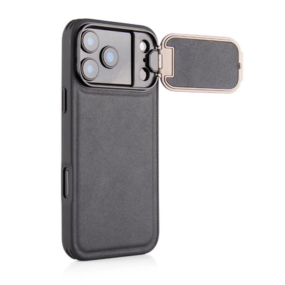 Metal Flip Bracket Protection Camera Lens Shockproof Leather Phone Case For iPhone 17 Pro Max 15 16 Pro Max Bumper Back Cover